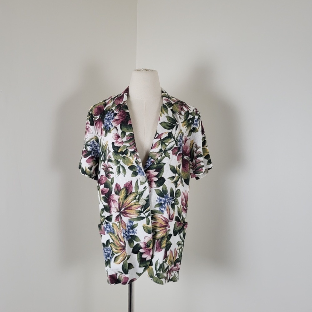 90’s botanical blazer short sleeve blouse button up floral long pockets vintage - Picture 7 of 16